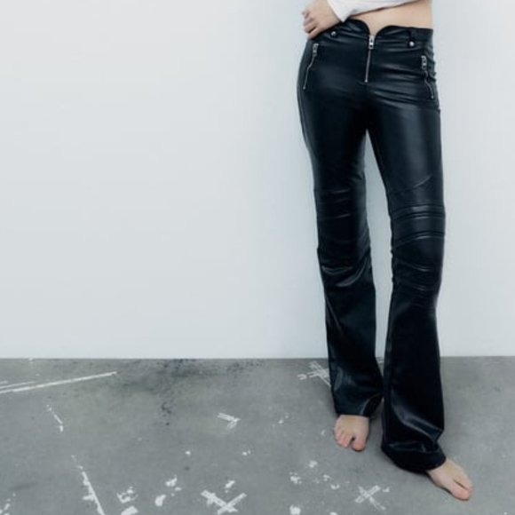 ZARA ZIPPERED FAUX LEATHER PANTS BLACK/ZARA PARTY PANTS - Picture 2 of 2